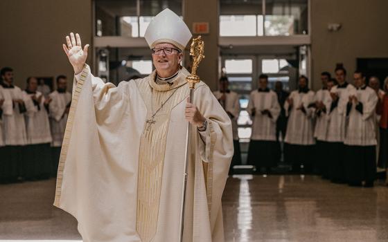 Bishop Robert Barron, founder of the Catholic media apostolate Word on Fire, arrives at St. John the Evangelist Co-Cathedral in Rochester, Minnesota, July 29, 2022, where he was installed as the ninth bishop of the Winona-Rochester Diocese. (CNS/Courtesy of Word on Fire Catholic Ministries/Clare LoCoco)